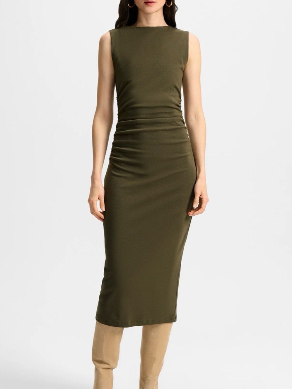 Veronica Beard Cypress Green Ruched Sleeveless Maxi Dress Size S
